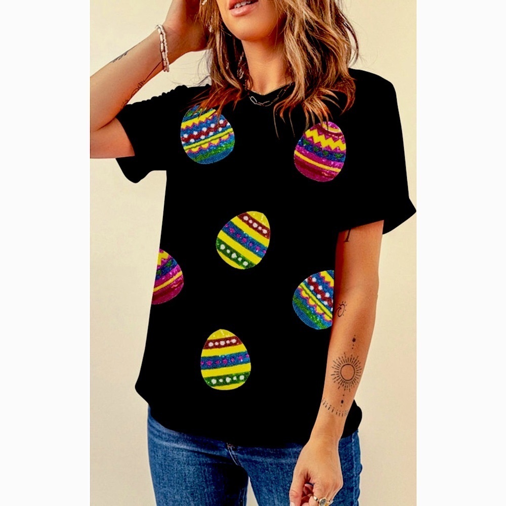 Easter Black T-Shirt Embellished with Colorful Sequin Easter Eggs - Picture 3 of 5